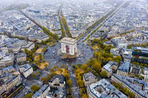 Aerial view of the Arc de Triomphe in Paris, France - home city of your future culinary school