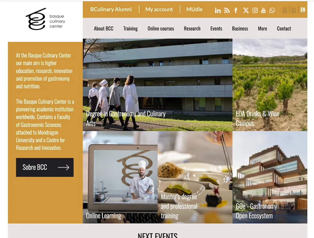 The interface of Basque Culinary Center's website showing various aspects of their culinary programs in Spain.