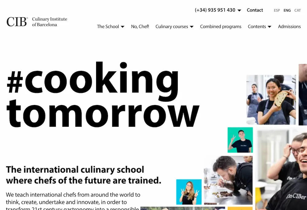The interface of Culinary Institute of Barcelona's website showing various aspects of their culinary programs in Spain.