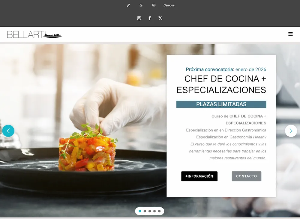 The interface of Escuela Bell Art's website showing various aspects of their culinary programs in Spain.