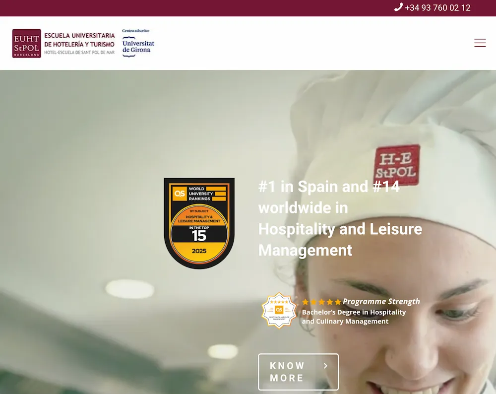 The interface of EUHT StPOL's website showing various aspects of their culinary programs in Spain.