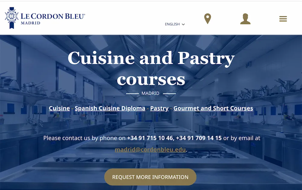 The interface of Le Cordon Bleu Madrid's website showing various aspects of their culinary programs in Spain.