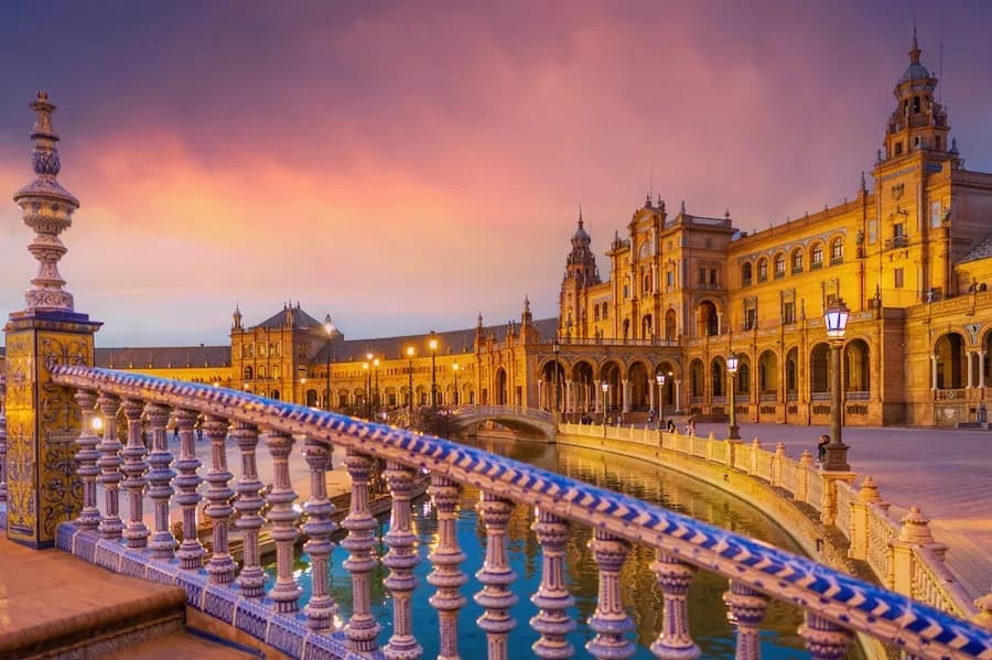 Panoramic view of Plaza de Espana in Seville, Andalusia, Spain at sunset. Spain is home to some of the best culinary schools in the world.