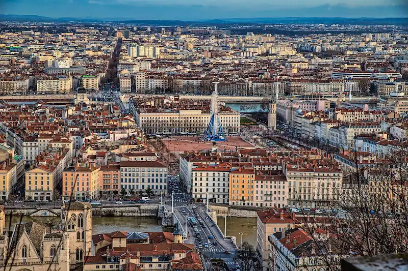 Aerial view of Lyon, France, home to the Institut Paul Bocuse culinary school.