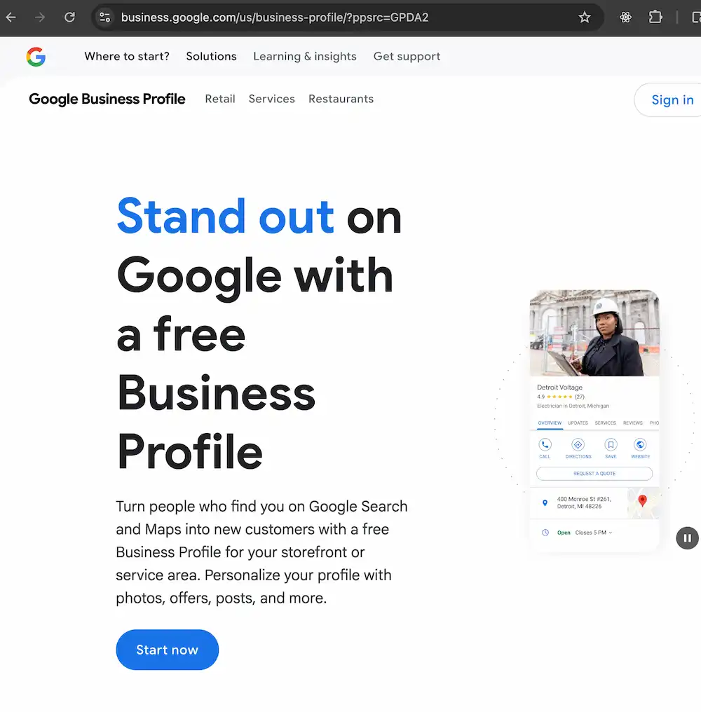 The interface of the Google Business Profile landing page where restaurant owners can sign up to manage their Google Reviews.