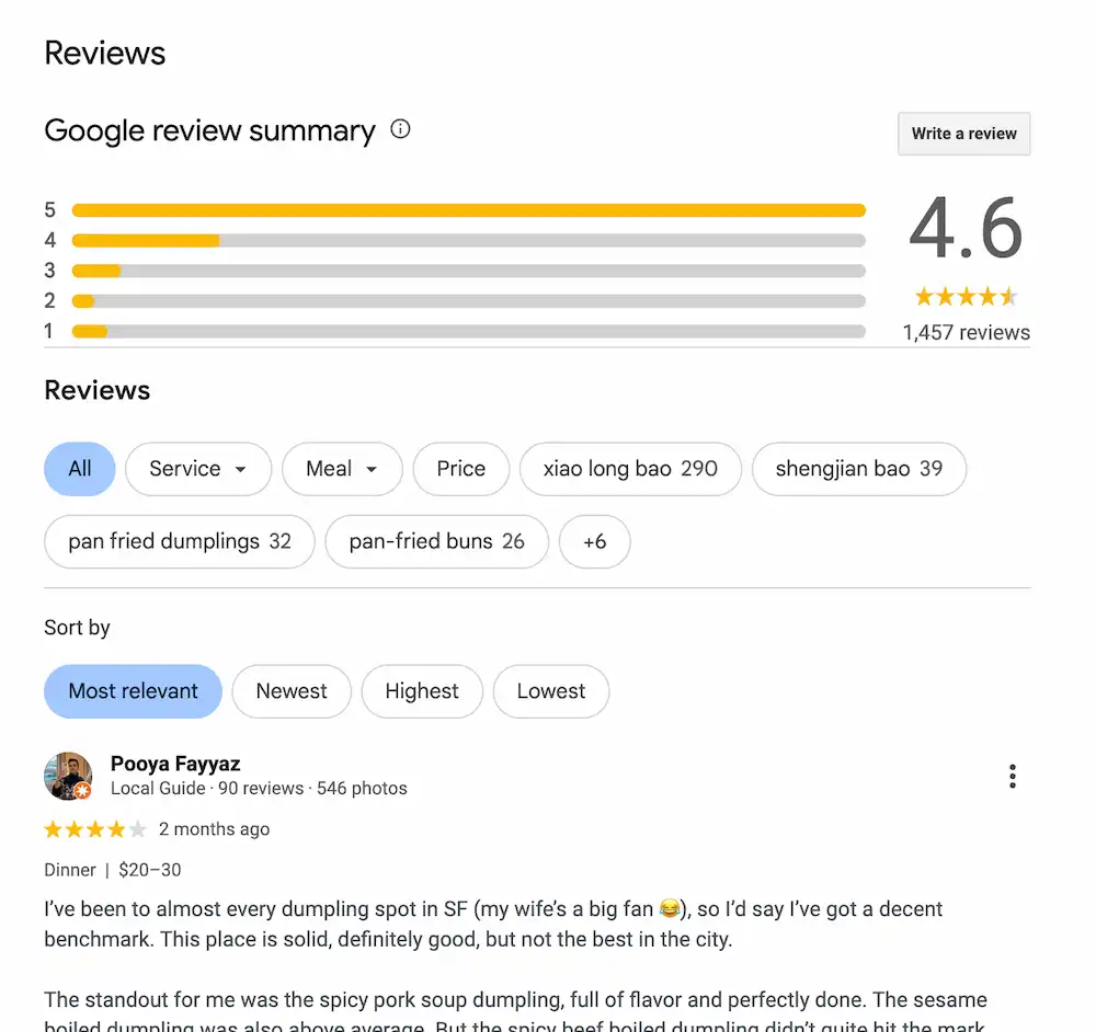The interface of a standalone Google review for a restaurant, showing how Google reviews affect restaurant sales.