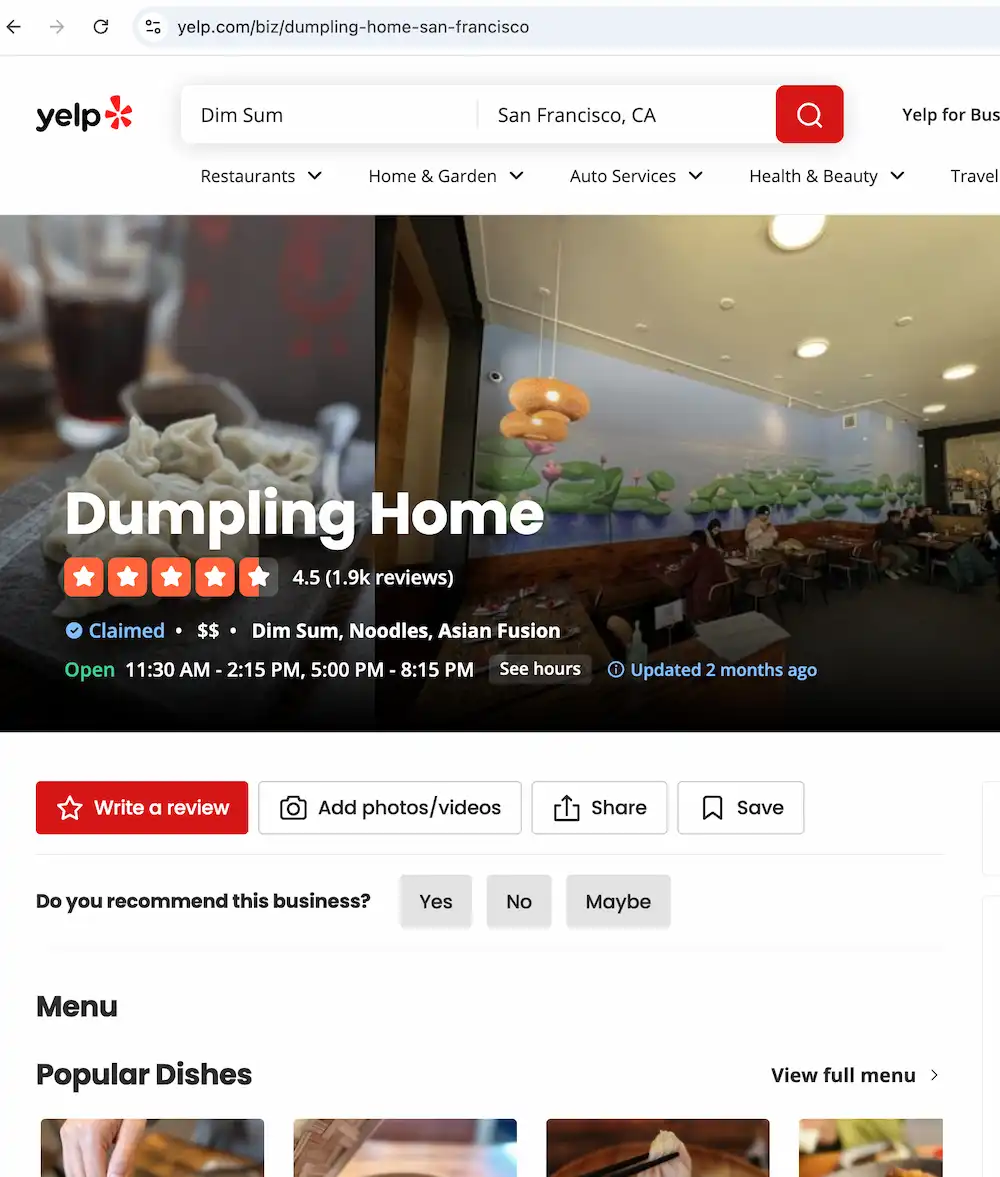 The interface from Yelp showing a restaurant's reviews and ratings, demonstrating how Yelp reviews affect restaurant sales.