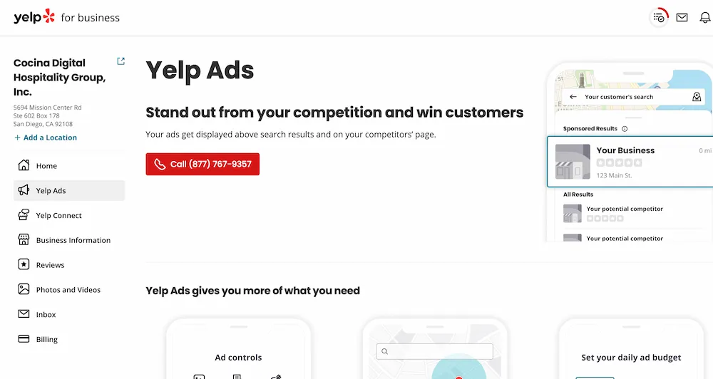 The interface of a Yelp for Business dashboard showing the Yelp Ads panel.