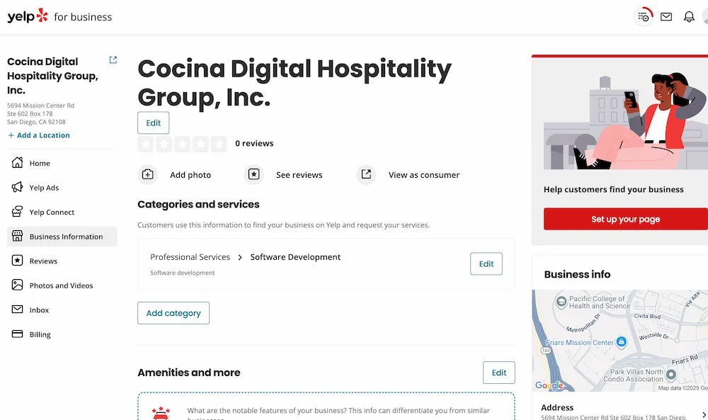 The interface of a Yelp for Business dashboard showing the Business Information panel.