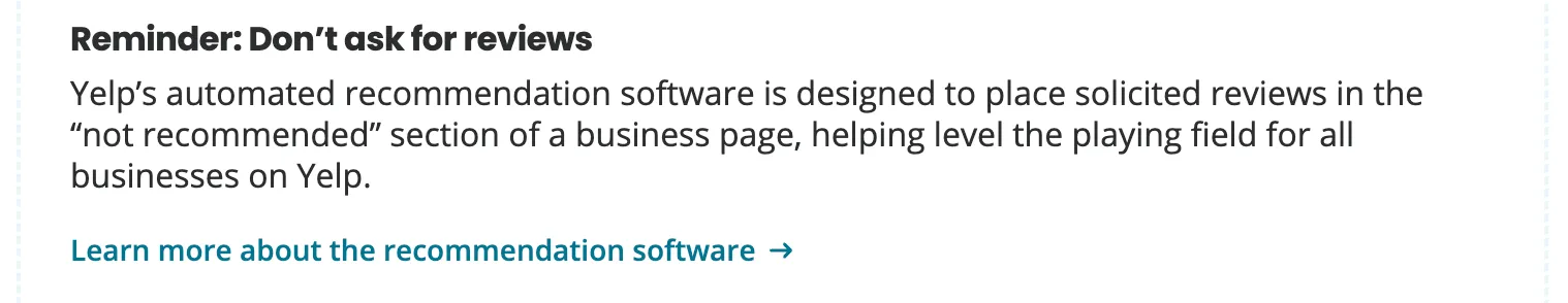 The interface of the Yelp for Business dashboard showing a warning to not ask for reviews.