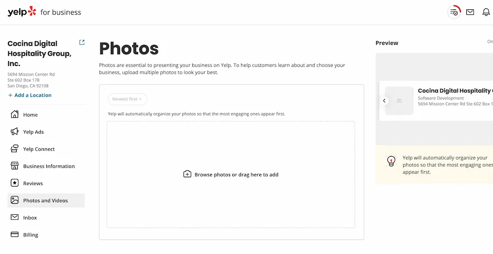 The interface of a Yelp for Business dashboard showing the Business Information panel.