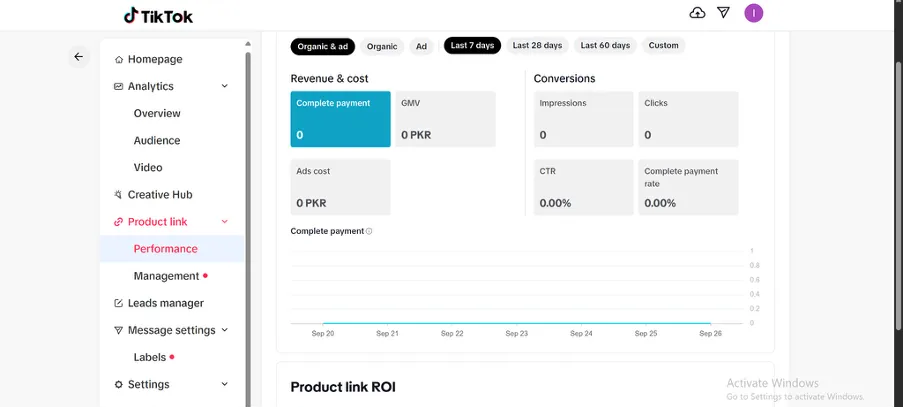 The interface of the TikTok dashboard showing performance metrics.