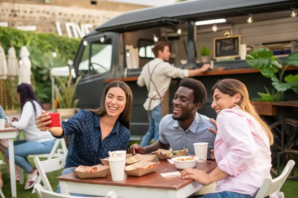 When starting a food truck business, consider seating and dining options for your customers as shown in this image of a group of patrons seated and taking a selfie.