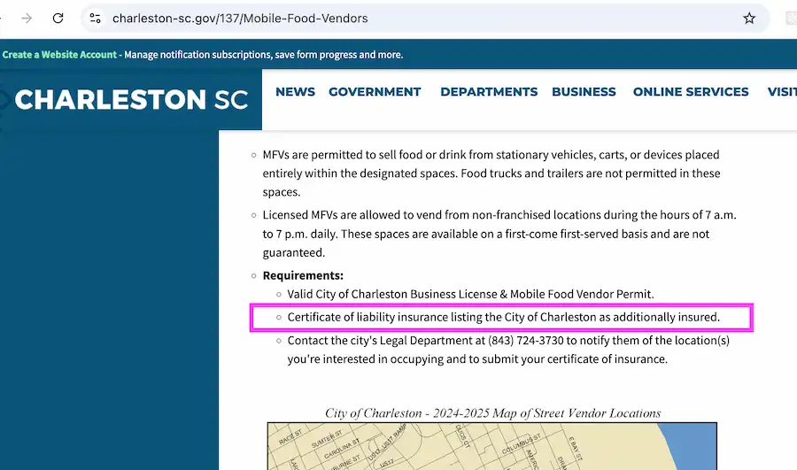 The interface that shows requirements to be an approved mobile food vendor in Charleston, South Carolina, including the need for a certificate of liability insurance.