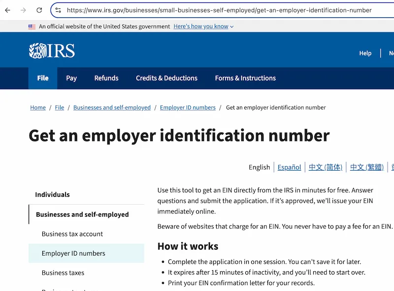 The interface for the IRS website to get an Employer Identification Number (EIN) for your food truck business in Charleston, South Carolina.