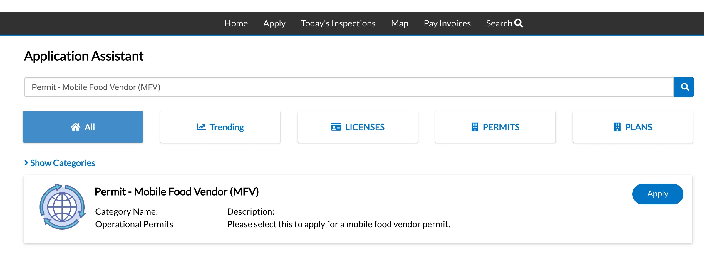 The interface to apply for the Mobile Food Vendor Permit on the City of Charleston's eGov self-service portal.