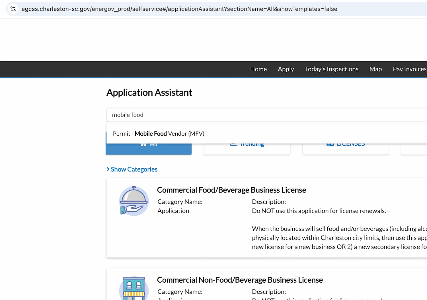 The interface to search for the Mobile Food Vendor Permit application on the City of Charleston's eGov self-service portal.