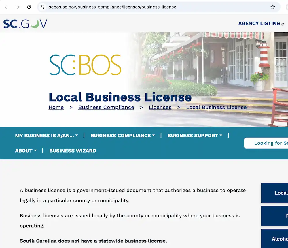 The interface to apply for a local business license on the South Carolina Business One Stop (SCBOS) website.