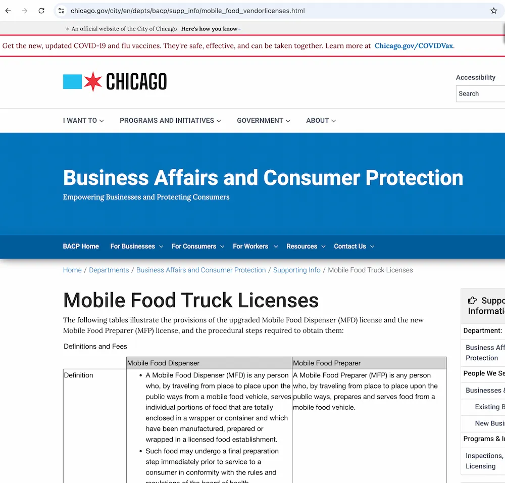 The interface of the Chicago Business Affairs and Consumer Protection (BACP) department's mobile food vendor license application page.