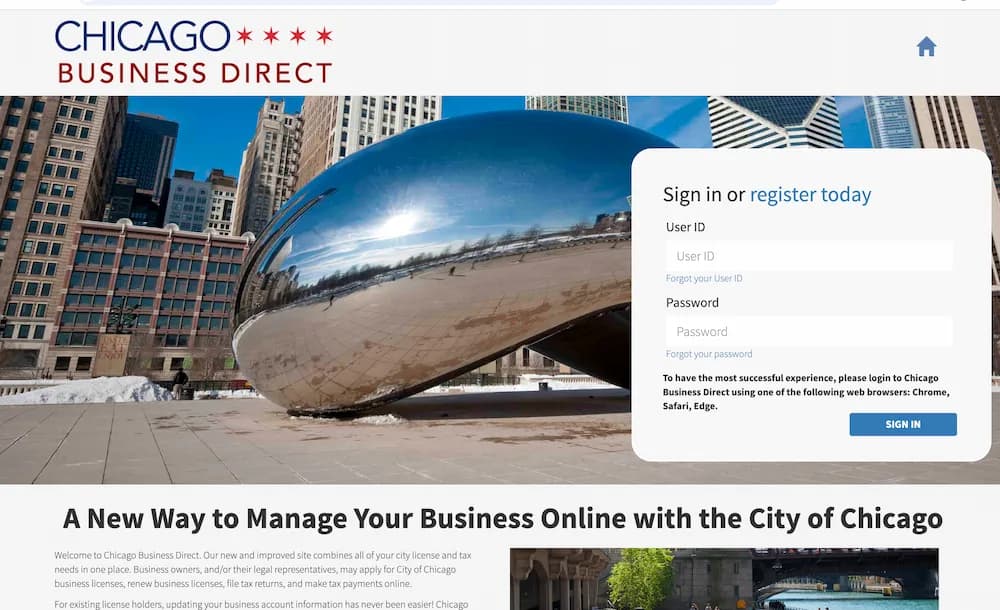 The interface of the Chicago Business Affairs and Consumer Protection (BACP) department's login page for business services.