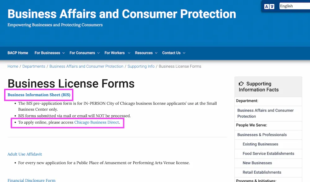 The interface of the Chicago Business Affairs and Consumer Protection (BACP) department's business license forms page showing the Business Information Sheet (BIS) - Pre-Application Form link.
