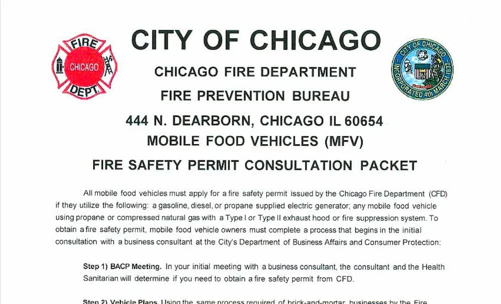 The PDF cover page for the Chicago Fire Department (CFD) Mobile Food Vehicle (MFV) Fire Safety Consultation Packet.
