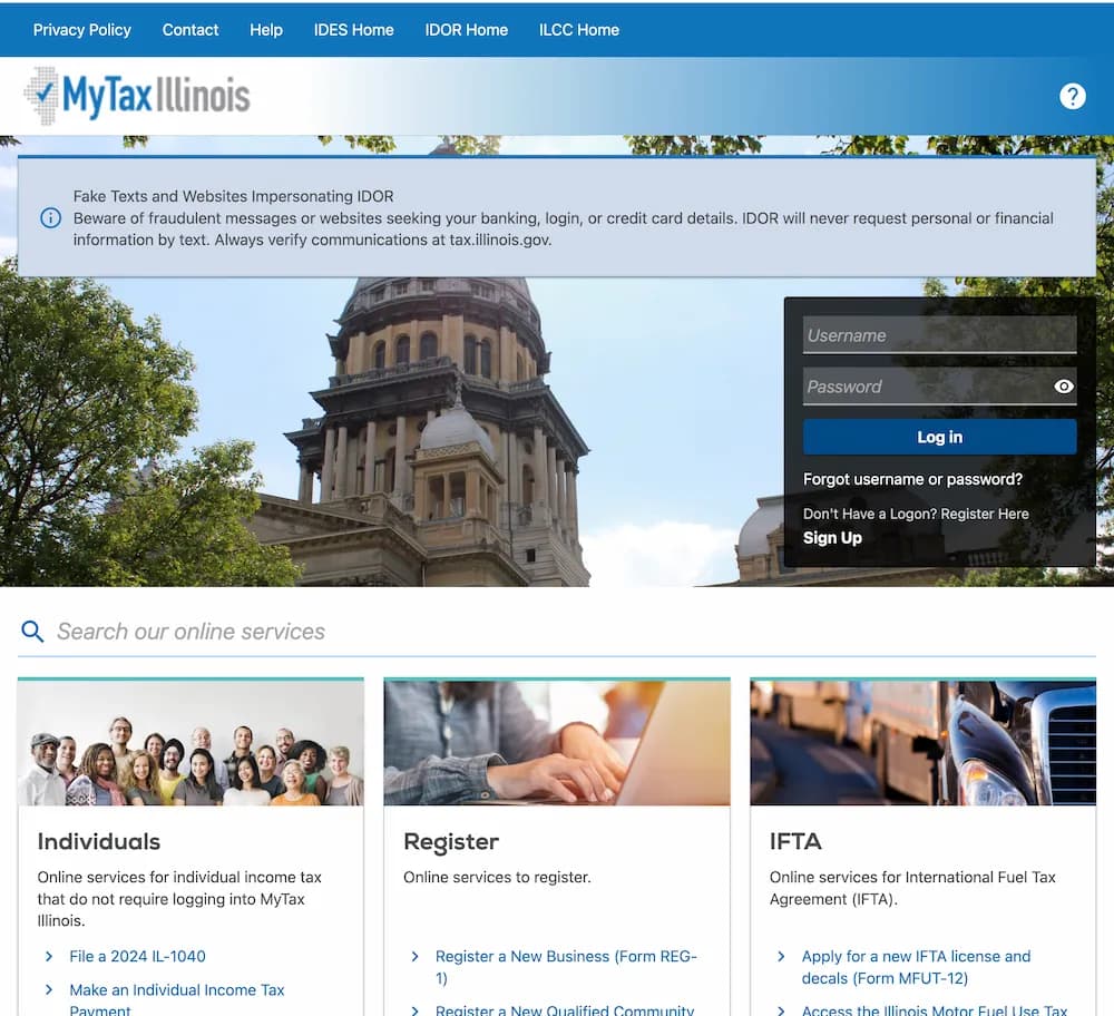 The interface for the Illinois Department of Revenue website to get an Account ID Number for your food truck business in Chicago, Illinois.