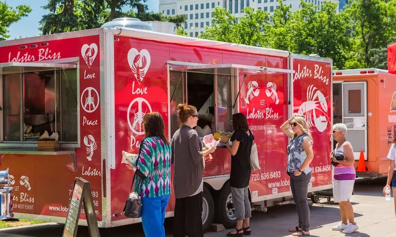 A line forms at a popular food truck in Denver, Colorado.