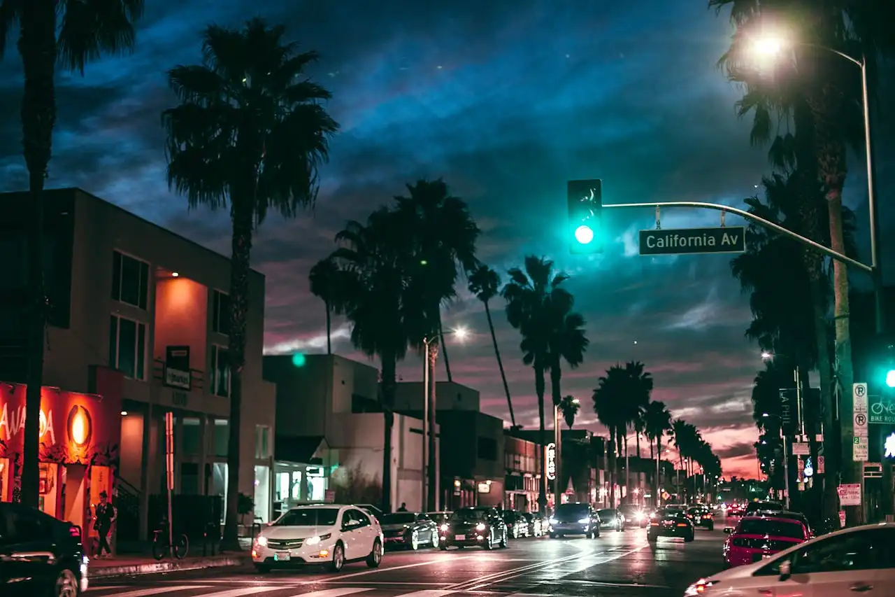 Los Angeles intersection at dusk. California Avenue, palm trees, and a signal light.