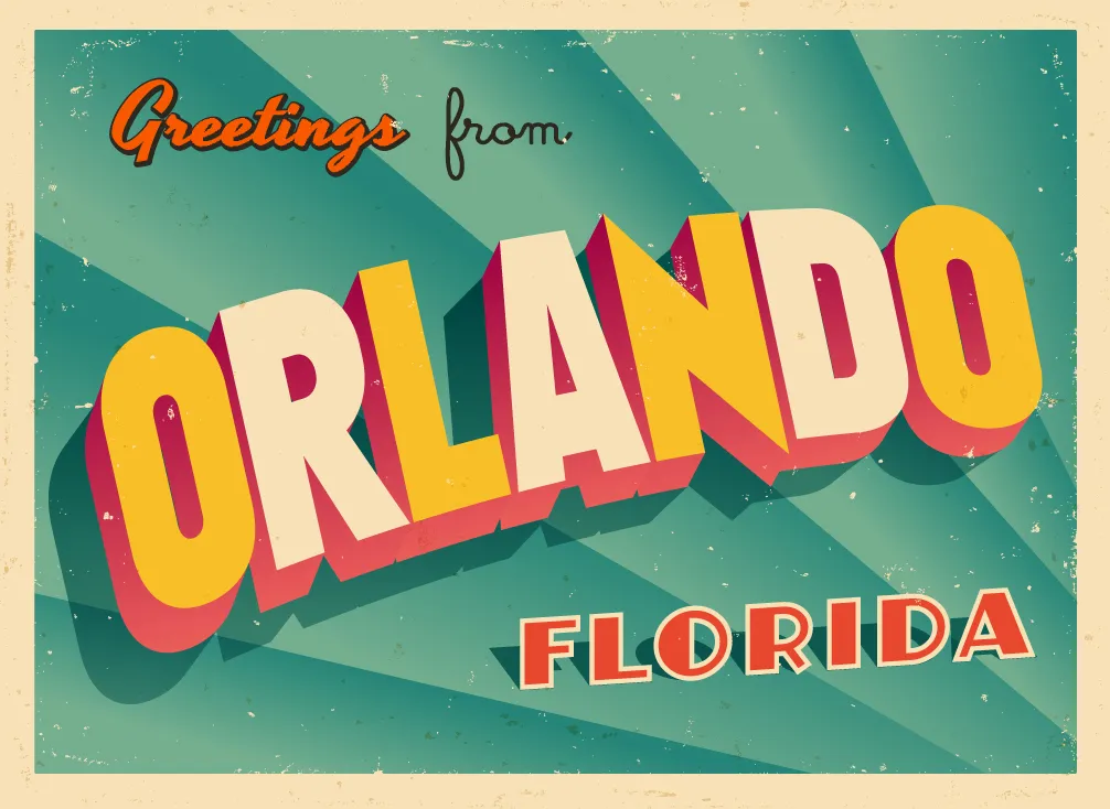 A vintage postcard of of Orlando, Florida, the city where you can start a food truck business.