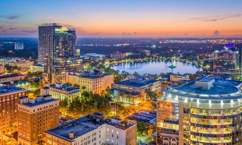 Aerial view of downtown Orlando, FL, where food trucks can operate with the proper permits.