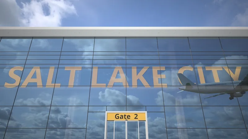 Reflection of a commercial airline landing at the Salt Lake City International Airport. Start your food truck business in Salt Lake City, UT!