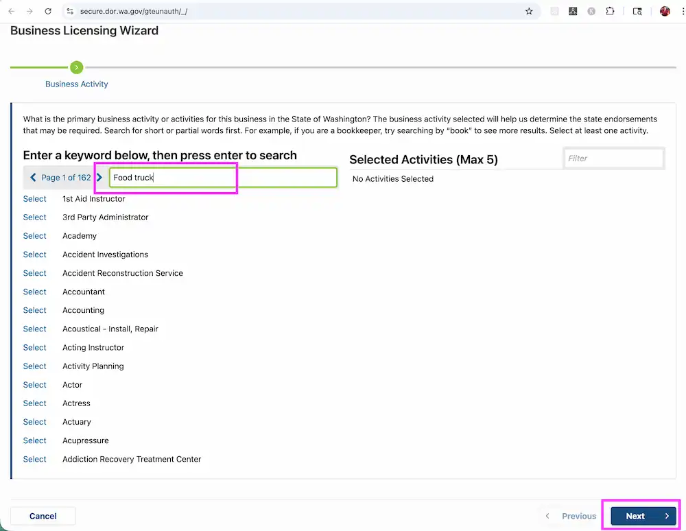 The interface of the Washington State Department of Revenue Business Licensing Wizard showing where to enter 'food truck' as your business activity, a key step in starting your food truck business in Seattle WA.