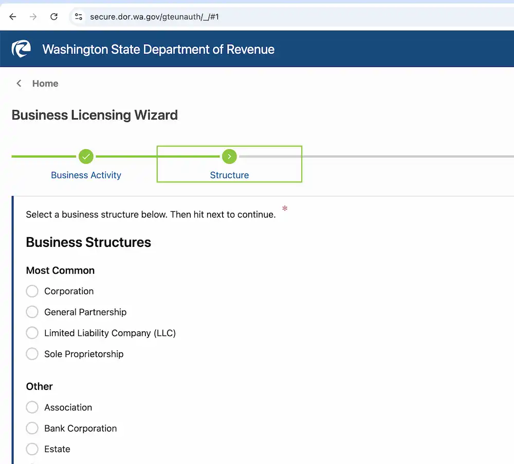 The interface of the Washington State Department of Revenue Business Licensing Wizard showing where to choose your business structure, a key step in starting your food truck business in Seattle WA.