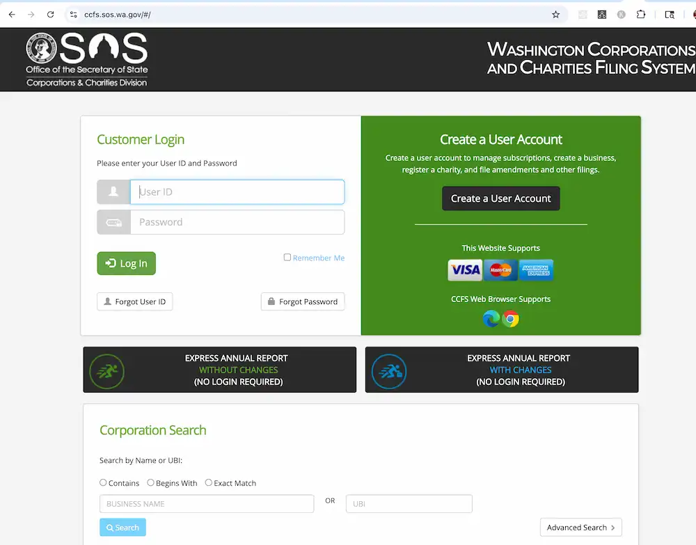 The interface of the Washington Secretary of State Corporations & Charities Filing System (CCFS), a key step in starting your food truck business in Seattle WA.
