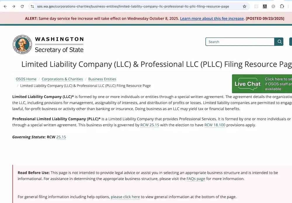 The interface of the Washington Secretary of State LLC & PLLC Filing Resource Page, a key step in starting your food truck business in Seattle WA.