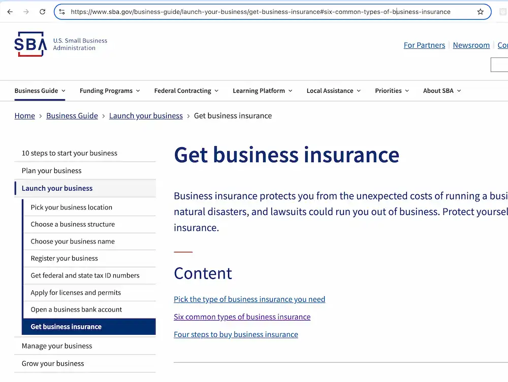 The interface of the SBA website that shows the six common types of business insurance, including commercial auto insurance, general liability insurance, and workers' compensation insurance.