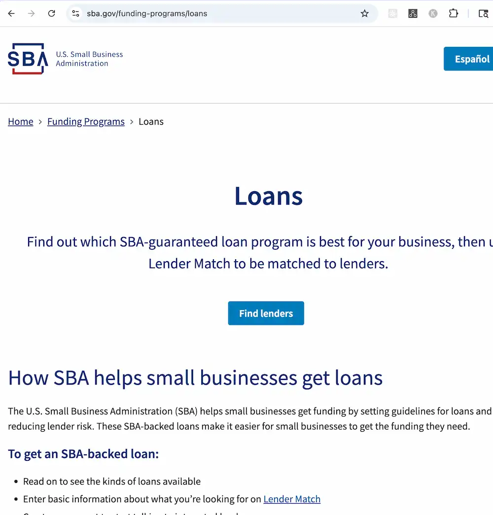 The interface for the Small Business Administration (SBA) loan application website.
