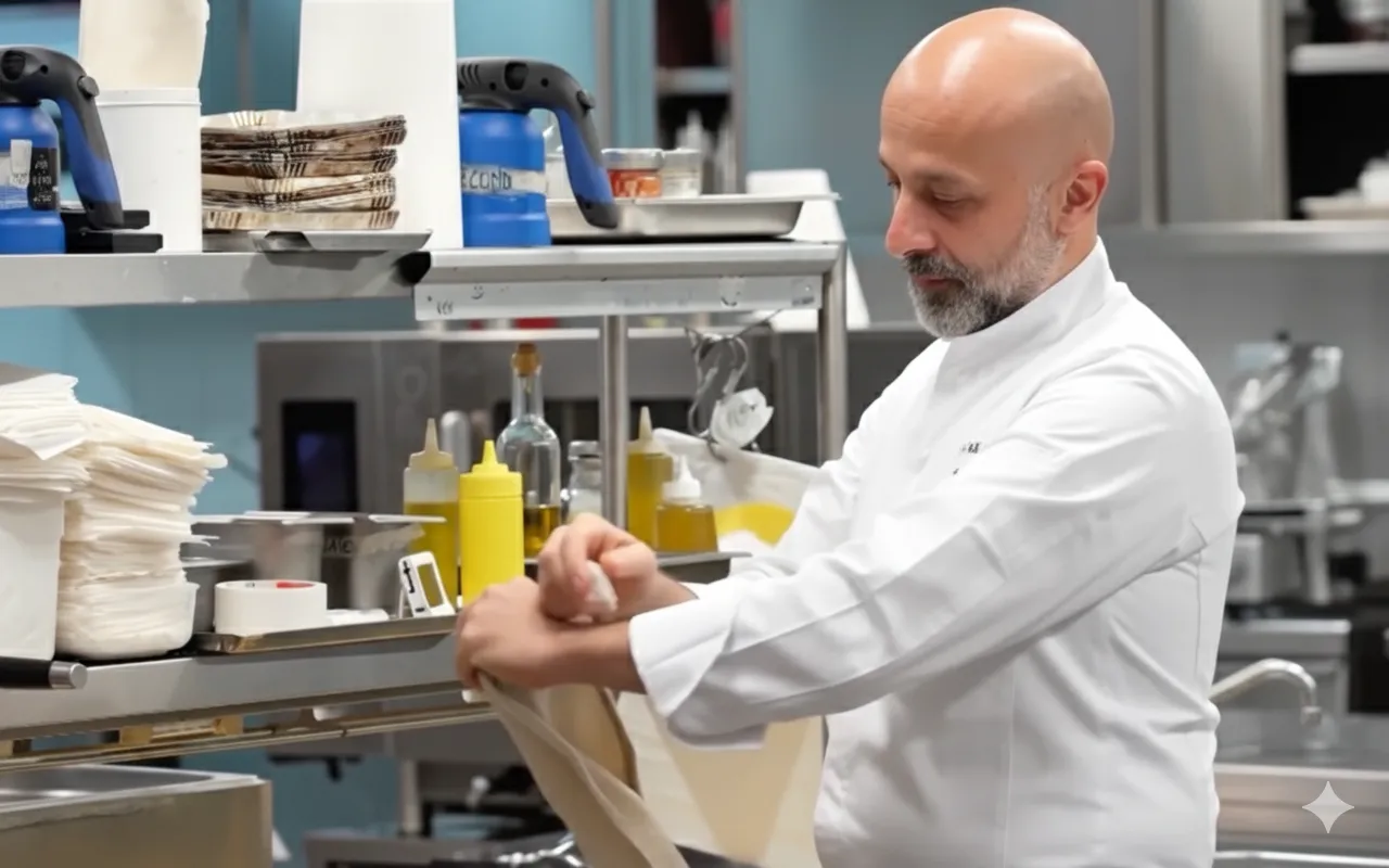 An A.I. generated image of Chef Niko Romito preparing a dish at the Accademia Niko Romito.