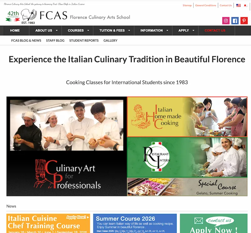 The interface of Florence Culinary Arts School's website showing a chef preparing food in a kitchen.