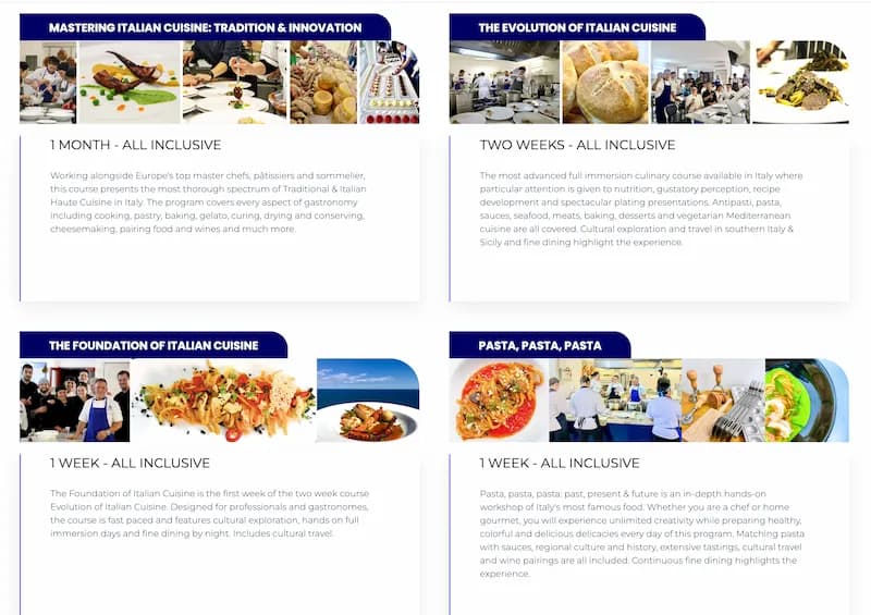 The interface of the Italian Culinary Institute's website showing the various programs that they offer.