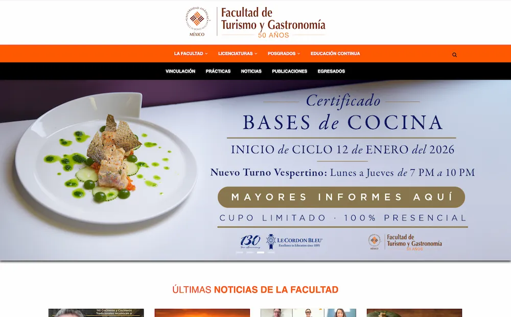 The interface of Universidad Anáhuac México's website showing various aspects of their culinary programs in Mexico.