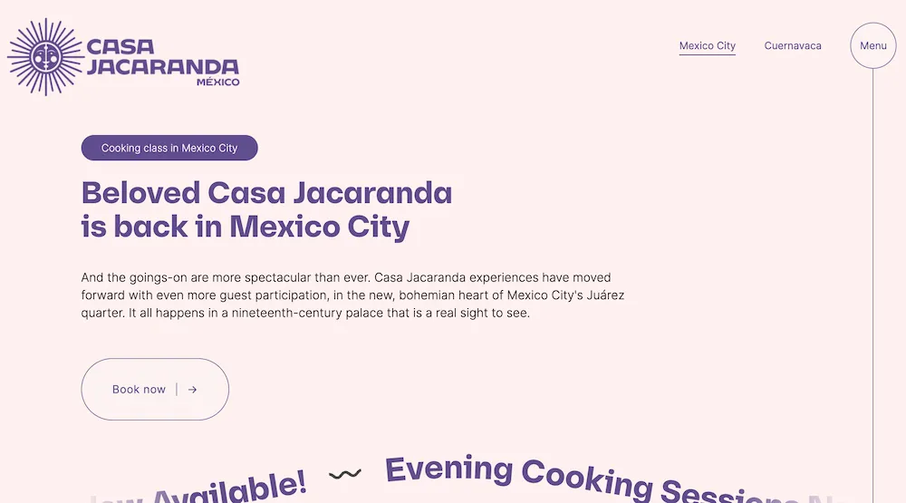 The interface of Casa Jacaranda's website showing various aspects of their culinary programs in Mexico City.