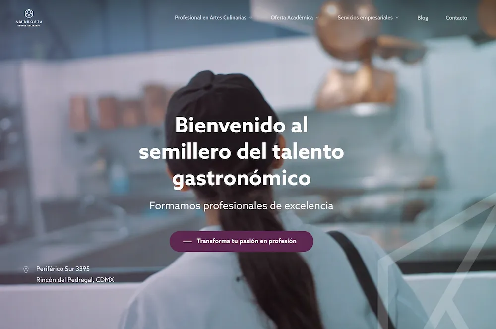 The interface of Ambrosía Centro Culinario website showing various aspects of their culinary programs in Mexico City, Mexico.