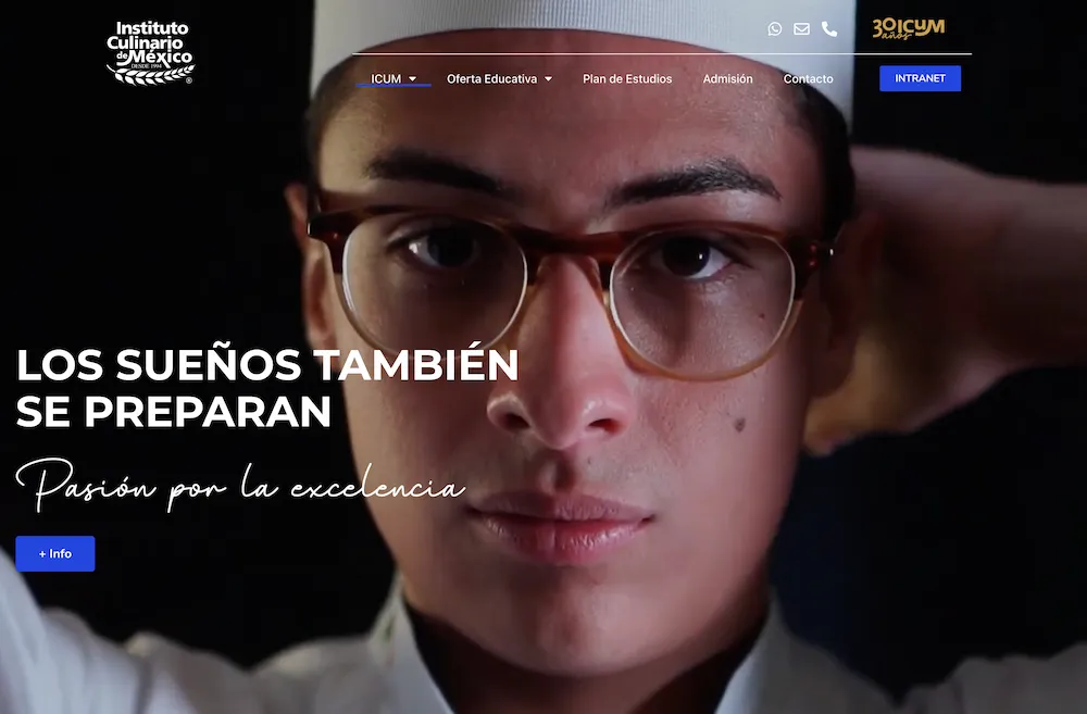The interface of Instituto Culinario de México's website showing various aspects of their culinary programs in Puebla,Mexico.
