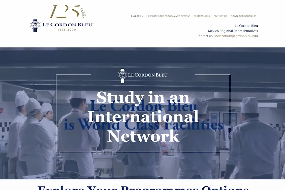 The interface of Le Cordon Bleu Mexico's website showing various aspects of their culinary programs in Mexico.