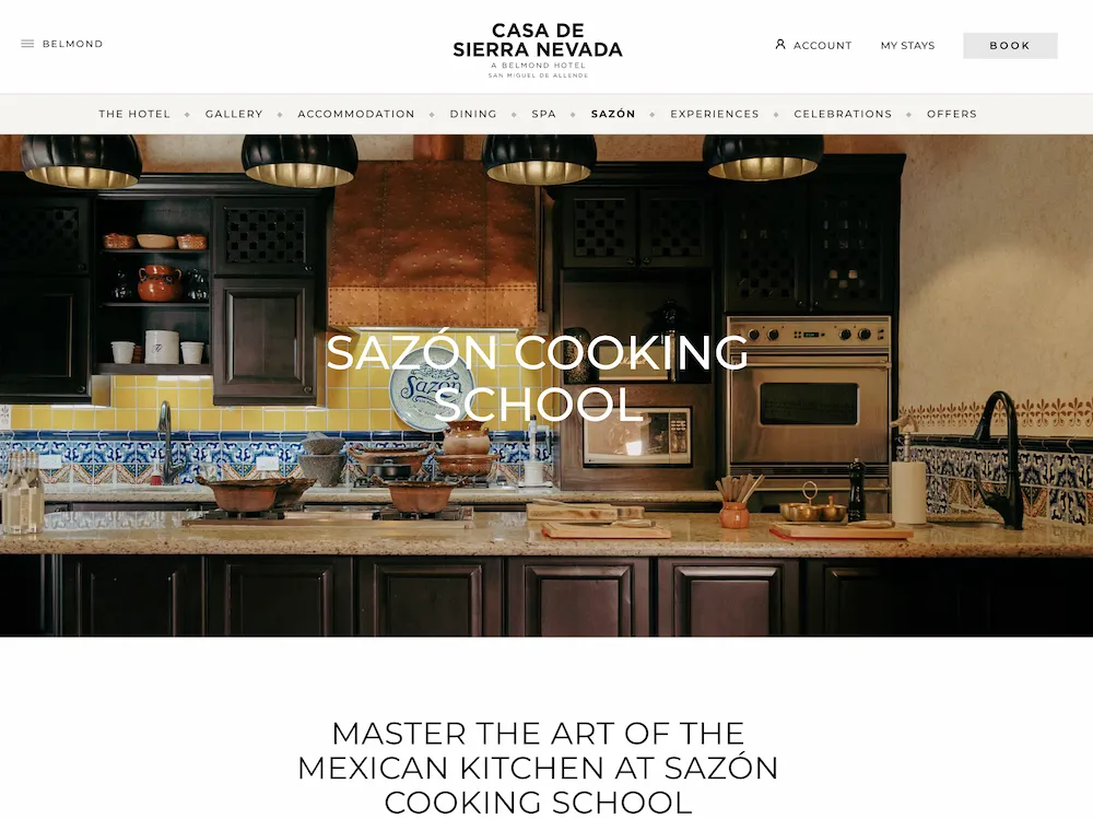 The interface of Sazón Cooking School's website showing various aspects of their culinary programs in San Miguel de Allende, Guanajuato.