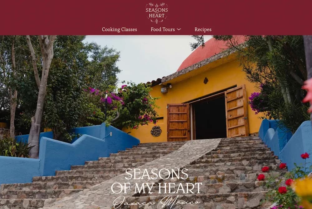 The interface of Seasons of My Heart website showing various aspects of their culinary programs in Oaxaca, Mexico.