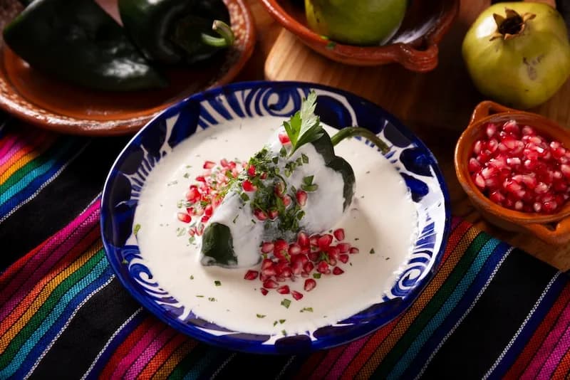 Chiles en Nogada, a traditional Mexican dish, beautifully plated with pomegranate seeds and parsley garnish. From which culinary school in Mexico will you choose to learn to make this dish?