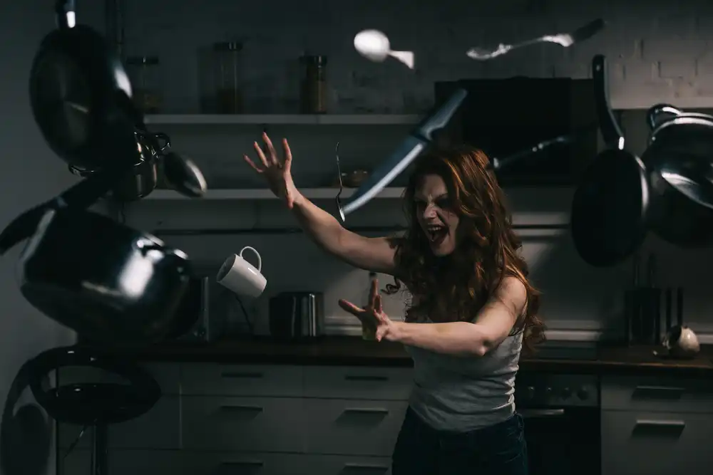what is a ghost kitchen? A ghost kitchen is a commercial kitchen where food storage, cooking, and food preparation into take-out packaging is done. As shown in this gag image of a demon floating pans and knives in a kitchen.